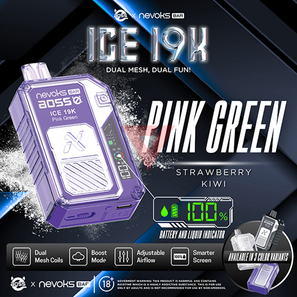 NEVOKS BAR ICE STRAWBERRY KIWI 2% 19K PUFFS (PINK GREEN)